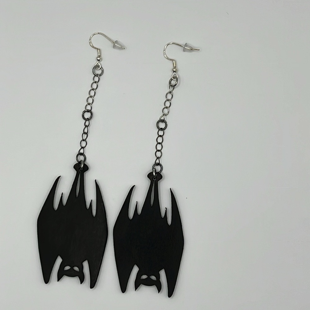 HAND CRAFTED HANDMADE Custom Laser Cut Leather Bat Dangle Earrings